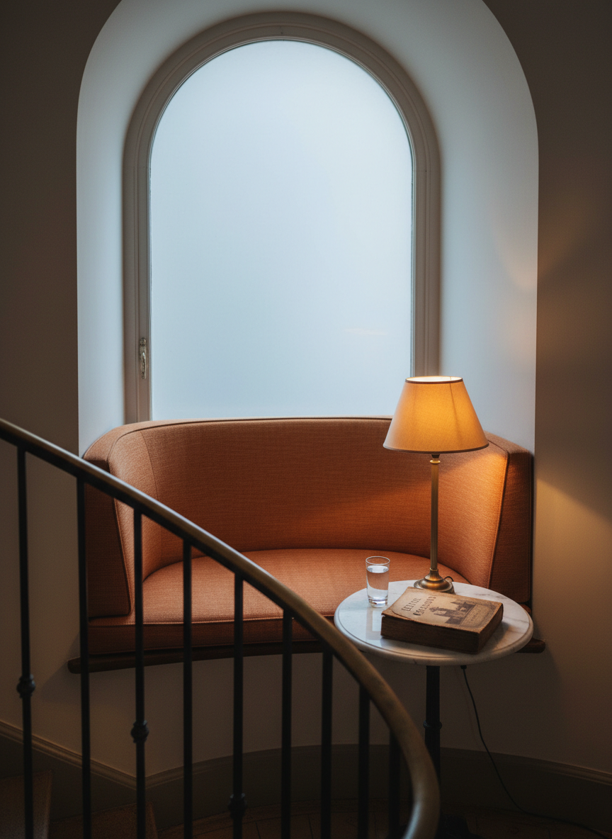 A quiet reading nook carved into the curved alcove of a historic boutique hotel staircase.