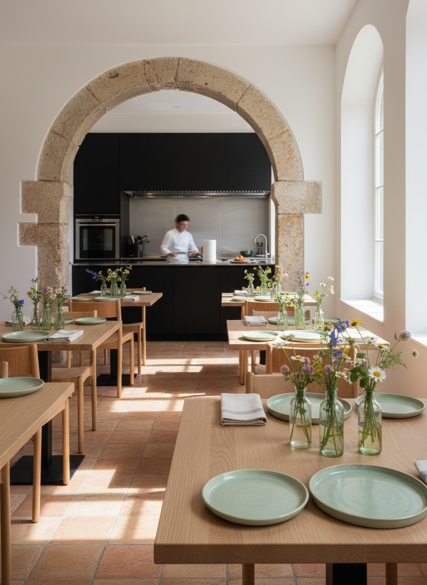 A boutique hotel breakfast room that subtly showcases local heritage: simple oak tables, each set with handmade ceramic plates in pale celadon, linen napkins, and small wildflower arrangements in mismatched glass bottles. The back wall reveals a preserved stone arch from the building’s original structure, now framing a modern open kitchen in matte black and brushed steel. Morning sunlight streams through high windows, creating bright patches on the terracotta floor and gentle reflections on the ceramics. Photographic realism, captured from a standing, slightly diagonal angle using rule-of-thirds composition. The atmosphere is fresh, lived-in, and unpretentious, emphasizing how daily guest rituals unfold within a space that carefully honors and reinterprets its historical bones.
