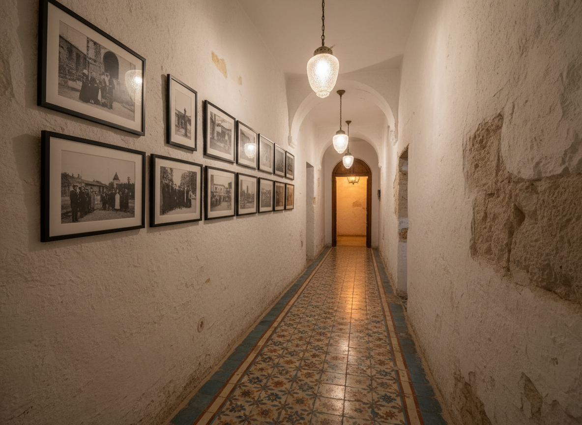 A narrow corridor of a centuries-old boutique hotel, its whitewashed stone walls showing subtle irregularities and traces of past renovations. Along one wall, carefully framed black-and-white archival photos of the building’s earlier life create a quiet visual timeline. The floor is laid with hand-painted ceramic tiles in muted blues and terracottas, slightly worn at the center. Warm, low pendant lights cast elongated shadows, emphasizing each texture. Photographic realism, composed using leading lines that draw the eye toward a distant, softly lit doorway. The atmosphere feels contemplative and intimate, as if walking through the hotel’s memory, inviting guests to pause and read the space as a living story rather than a generic corridor.