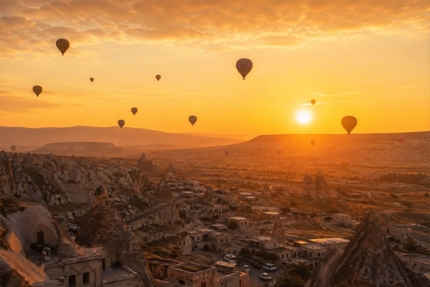 Kapadokya gökyüzünde gün doğumunda sıcak hava balonları