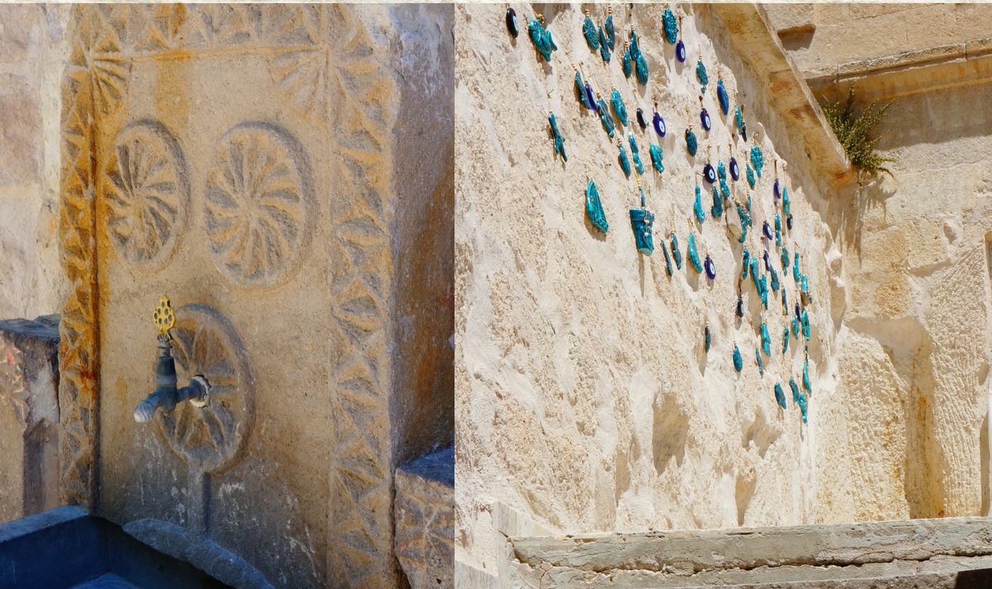 Tekkaya Cave Hotel girisinde tarihi çeşme ve avlu